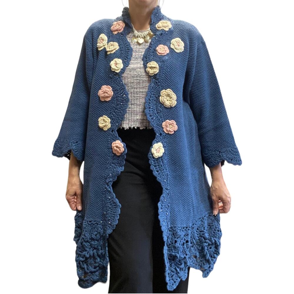 Blue Duster Sweater size Medium  Crocheted Flowers & Beading Lace Open Front